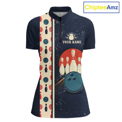 Custom Red, white and blue Eagle Retro Bowling Polo, 1/4 zip Shirts For Women, Bowling Team jerseys NQS11666