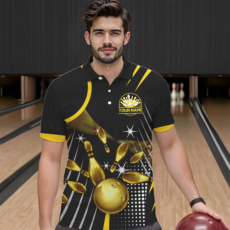 Funny Black and Gold Mens Bowling Polo, 1/4 Zip Shirts Custom Bowling outfit men Team Jerseys NQS9712