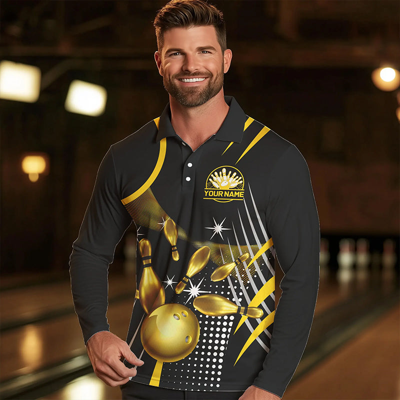 Funny Black and Gold Mens Bowling Polo, 1/4 Zip Shirts Custom Bowling outfit men Team Jerseys NQS9712