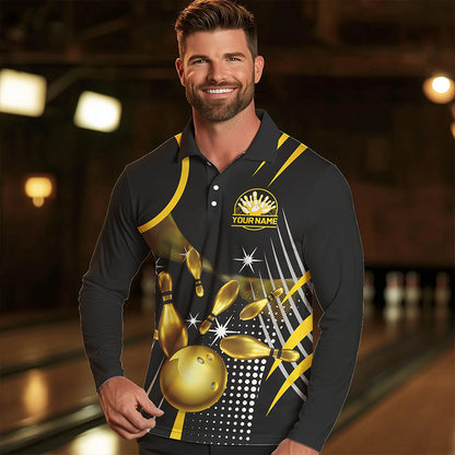 Funny Black and Gold Mens Bowling Polo, 1/4 Zip Shirts Custom Bowling outfit men Team Jerseys NQS9712