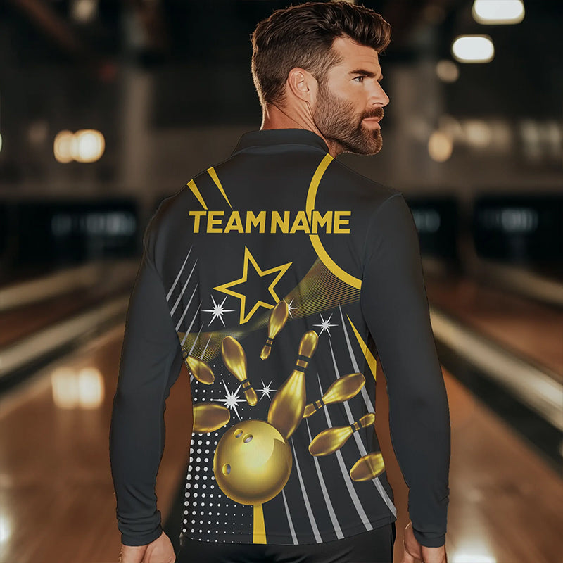 Funny Black and Gold Mens Bowling Polo, 1/4 Zip Shirts Custom Bowling outfit men Team Jerseys NQS9712