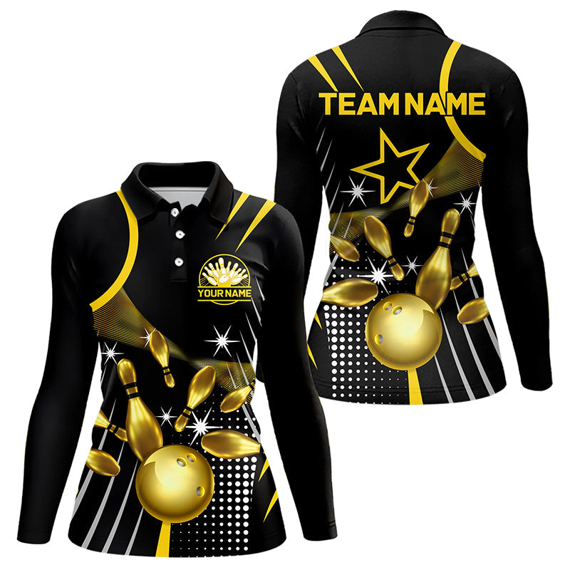 Funny Black and Gold Womens Bowling Polo, 1/4 Zip Shirts Custom Bowling outfit women Team Jerseys NQS9712