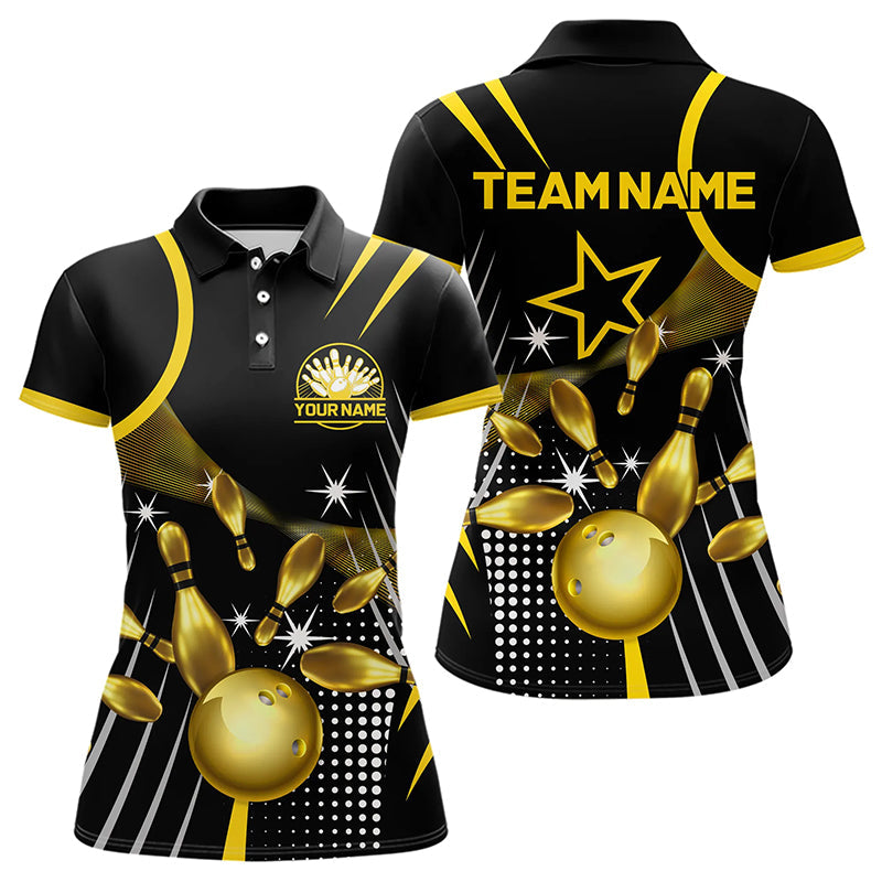 Funny Black and Gold Womens Bowling Polo, 1/4 Zip Shirts Custom Bowling outfit women Team Jerseys NQS9712