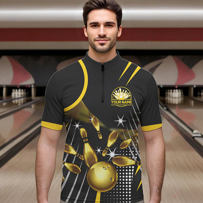 Funny Black and Gold Mens Bowling Polo, 1/4 Zip Shirts Custom Bowling outfit men Team Jerseys NQS9712