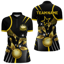 Load image into Gallery viewer, Funny Black and Gold Womens Bowling Polo, 1/4 Zip Shirts Custom Bowling outfit women Team Jerseys NQS9712