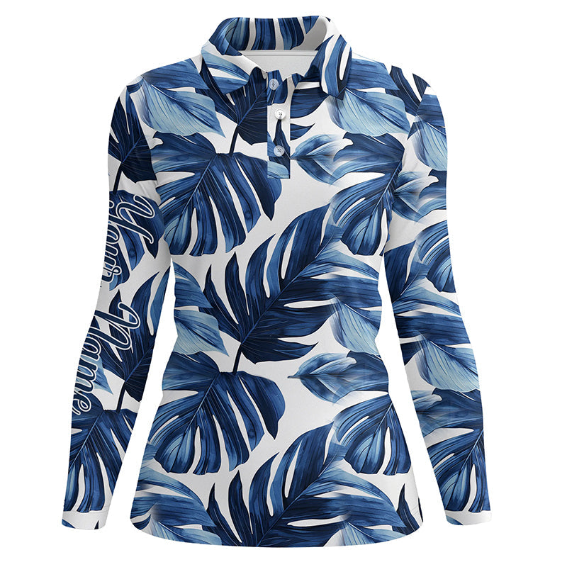 Women golf polo shirts custom blue monstera leaf pattern golf tops for ladies, gift for the golfer NQS7637