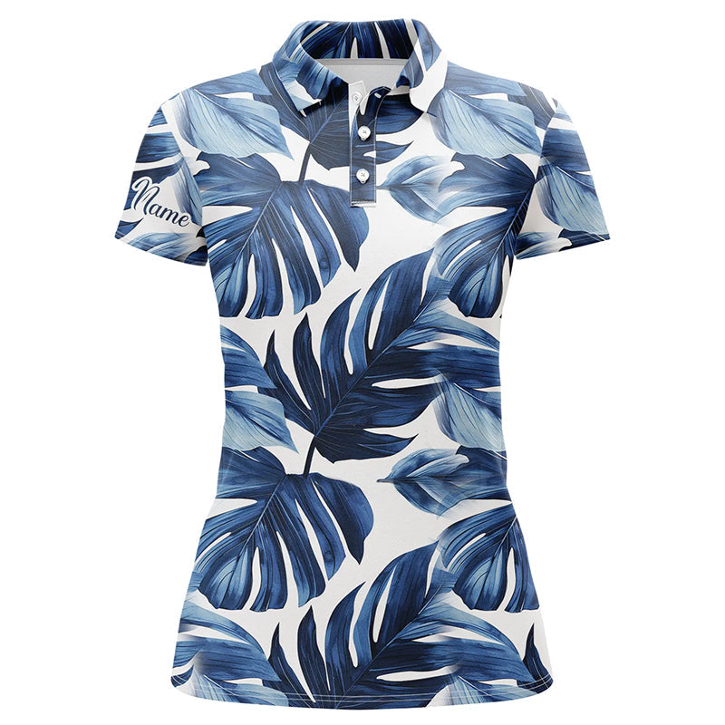Women golf polo shirts custom blue monstera leaf pattern golf tops for ladies, gift for the golfer NQS7637