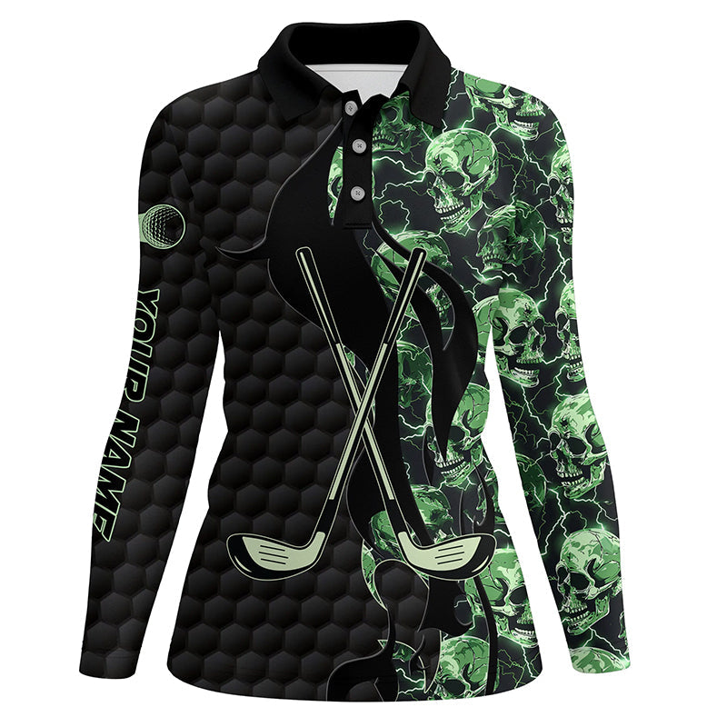 Green lightning skull black golf pattern custom Women golf polo shirts, golf clubs team polo shirts NQS7642