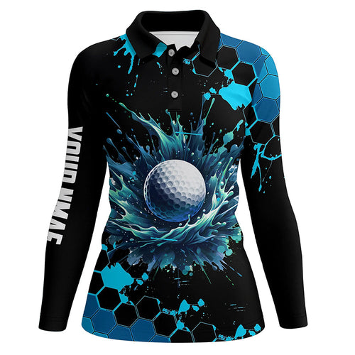 Womens golf polo shirts custom black and blue watercolor ladies golf tops, gift for golf lovers NQS8070