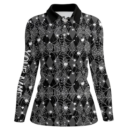 Black argyle spider web pattern Women golf polo shirts custom funny ladies halloween golf shirts NQS8289