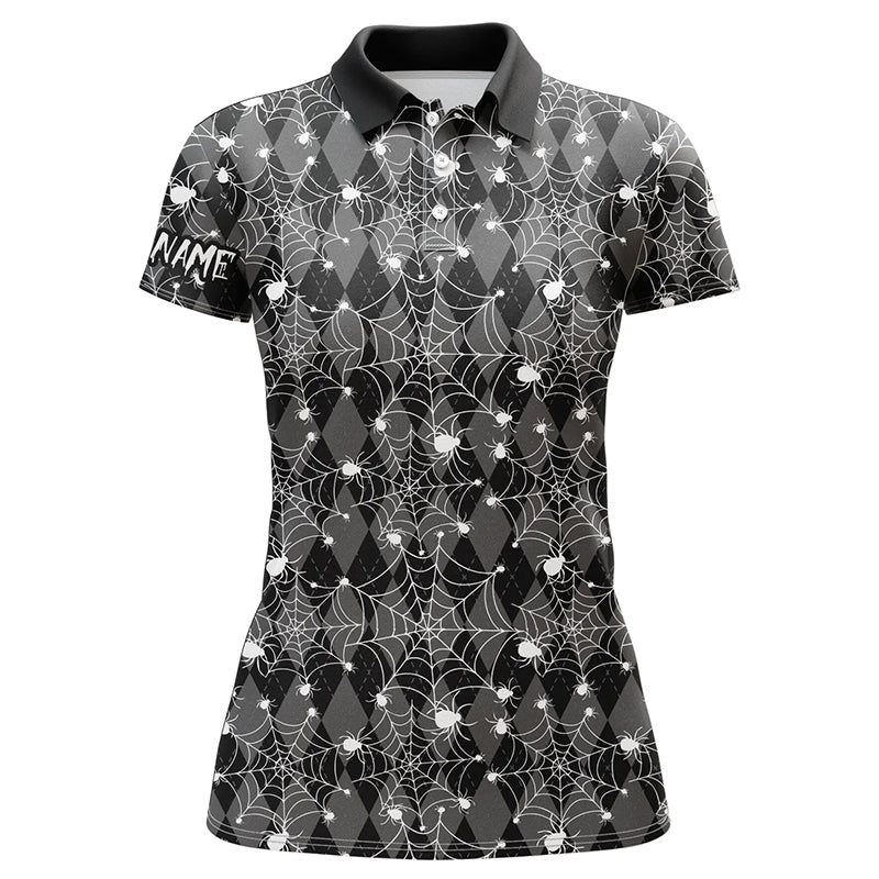 Black argyle spider web pattern Women golf polo shirts custom funny ladies halloween golf shirts NQS8289
