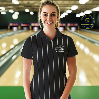 Black and White Plaid Bowling Polo, Quarter Zip shirts For Women Custom Bowling Team Uniform Jersey NQS10891