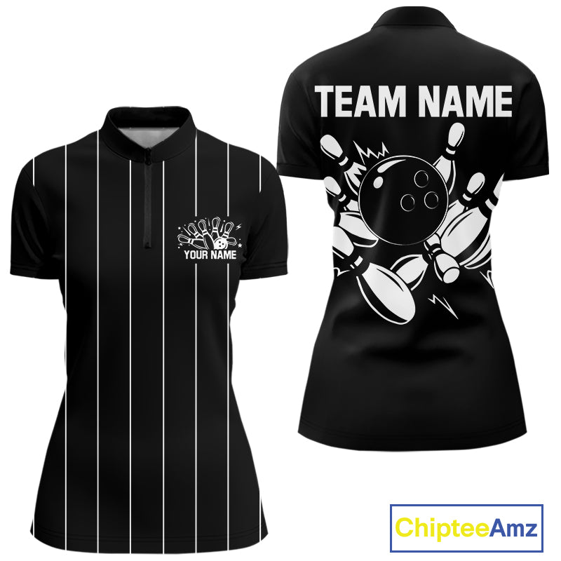 Black and White Plaid Bowling Polo, Quarter Zip shirts For Women Custom Bowling Team Uniform Jersey NQS10891