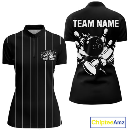 Black and White Plaid Bowling Polo, Quarter Zip shirts For Women Custom Bowling Team Uniform Jersey NQS10891