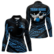 Load image into Gallery viewer, Black and Blue Tribal Pattern Bowling Polo, Quarter Zip shirts For Women Custom Team Bowling Jerseys NQS9213