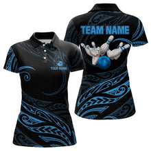 Load image into Gallery viewer, Black and Blue Tribal Pattern Bowling Polo, Quarter Zip shirts For Women Custom Team Bowling Jerseys NQS9213