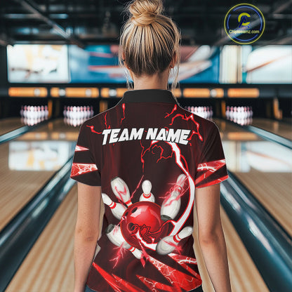 Red Thunder Lightning bowling ball and pins jersey Custom Team Bowling Polo, 1/4 Zip Shirt For Women NQS11281