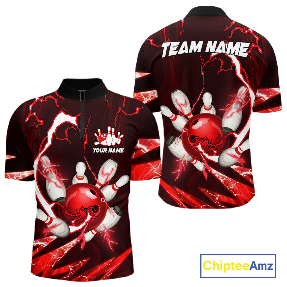 Red Thunder Lightning bowling ball and pins jerseys Custom Team Bowling Polo, 1/4 Zip Shirts For Men NQS11281