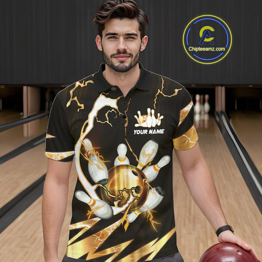 Gold Thunder Lightning bowling ball and pins jerseys Custom Team Bowling Polo, 1/4 Zip Shirts For Men NQS11282