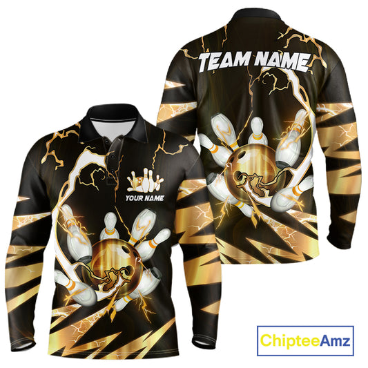 Gold Thunder Lightning bowling ball and pins jerseys Custom Team Bowling Polo, 1/4 Zip Shirts For Men NQS11282