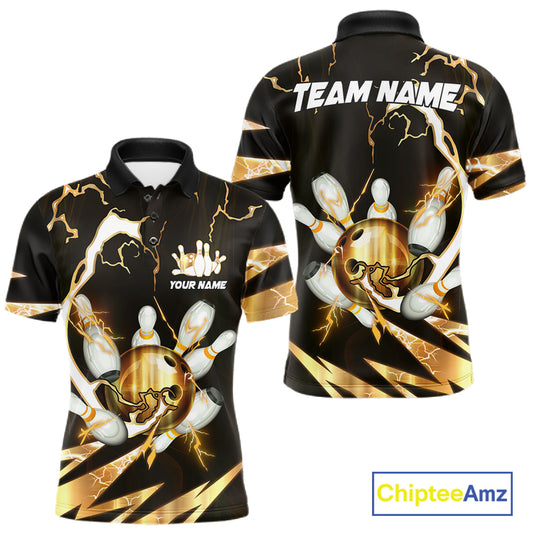 Gold Thunder Lightning bowling ball and pins jerseys Custom Team Bowling Polo, 1/4 Zip Shirts For Men NQS11282