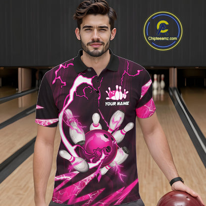 Pink Thunder Lightning bowling ball and pins jerseys Custom Team Bowling Polo, 1/4 Zip Shirts For Men NQS11283
