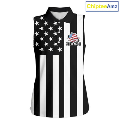 Women's Sleeveless golf polo shirts custom Red, white and black American flag Ladies Golf tops NQS11486