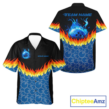 Black and Blue Camo Flame Bowling Hawaiian shirts Custom team bowling league jerseys NQS11492