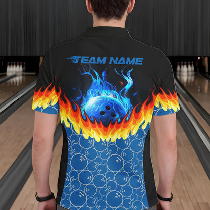 Black and Blue Camo Flame Bowling Polo, 1/4 zip shirts for Men Custom team men's bowling jerseys NQS11492
