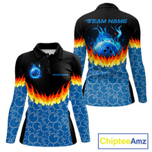 Load image into Gallery viewer, Black and Blue Camo Flame Bowling shirts for Women Custom team ladies bowling league jerseys NQS11492