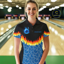 Load image into Gallery viewer, Black and Blue Camo Flame Bowling shirts for Women Custom team ladies bowling league jerseys NQS11492