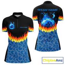 Load image into Gallery viewer, Black and Blue Camo Flame Bowling shirts for Women Custom team ladies bowling league jerseys NQS11492