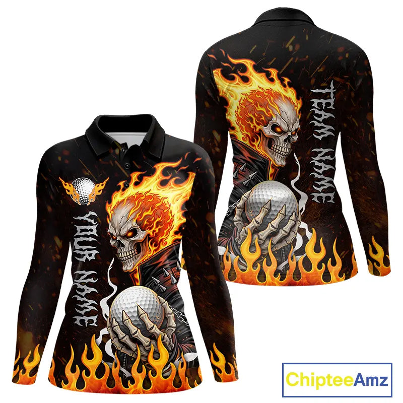 Custom Orange Flame Skull Golf Polo Shirts For Women,  team ladies golf tees cool golf gifts NQS11497