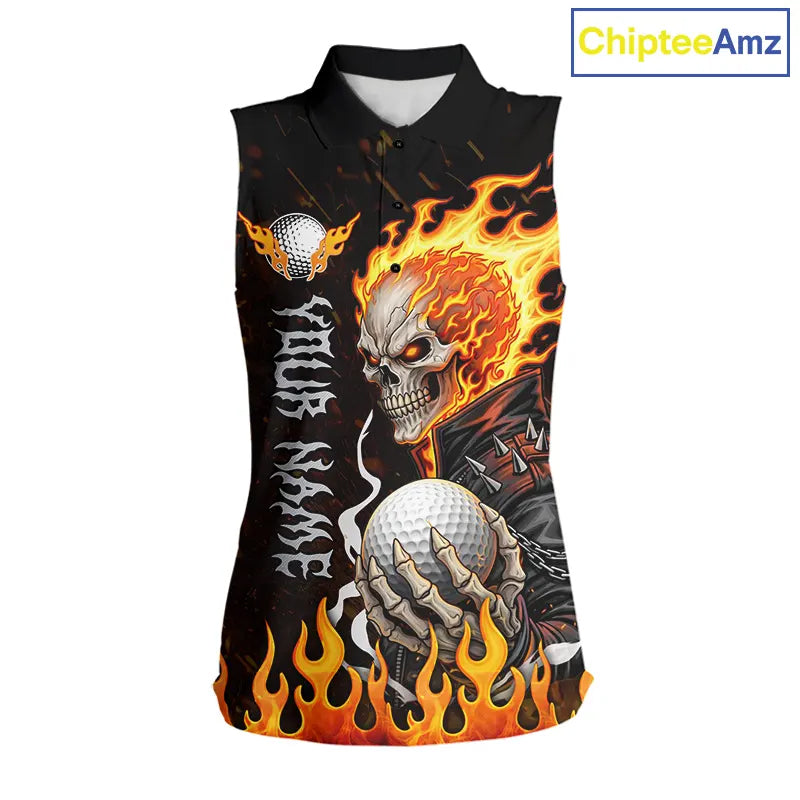 Custom Orange Flame Skull sleeveless women's golf shirts,  team ladies golf tees cool golf gifts NQS11497