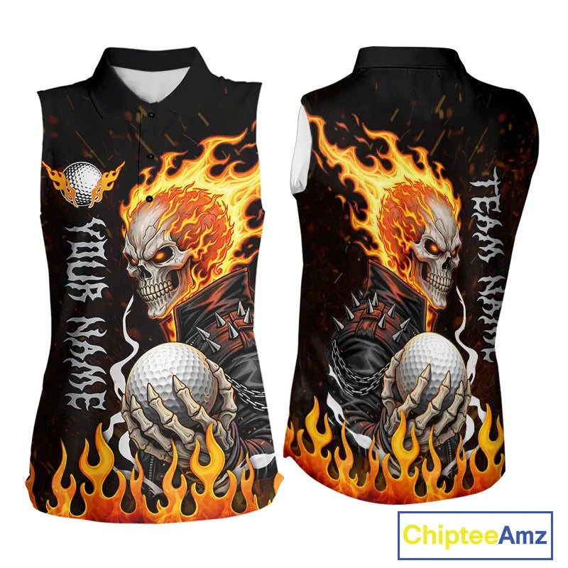 Custom Orange Flame Skull sleeveless women's golf shirts,  team ladies golf tees cool golf gifts NQS11497