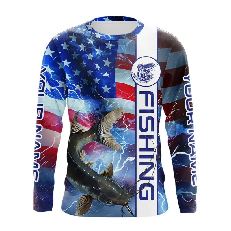 American flag Catfish lightning Long Sleeve Fishing Shirts custom Patriotic Catfish fishing jerseys NQS9560