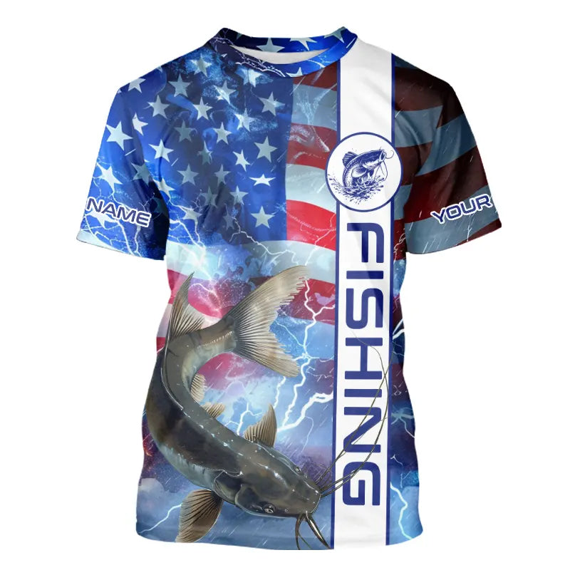 American flag Catfish lightning Long Sleeve Fishing Shirts custom Patriotic Catfish fishing jerseys NQS9560