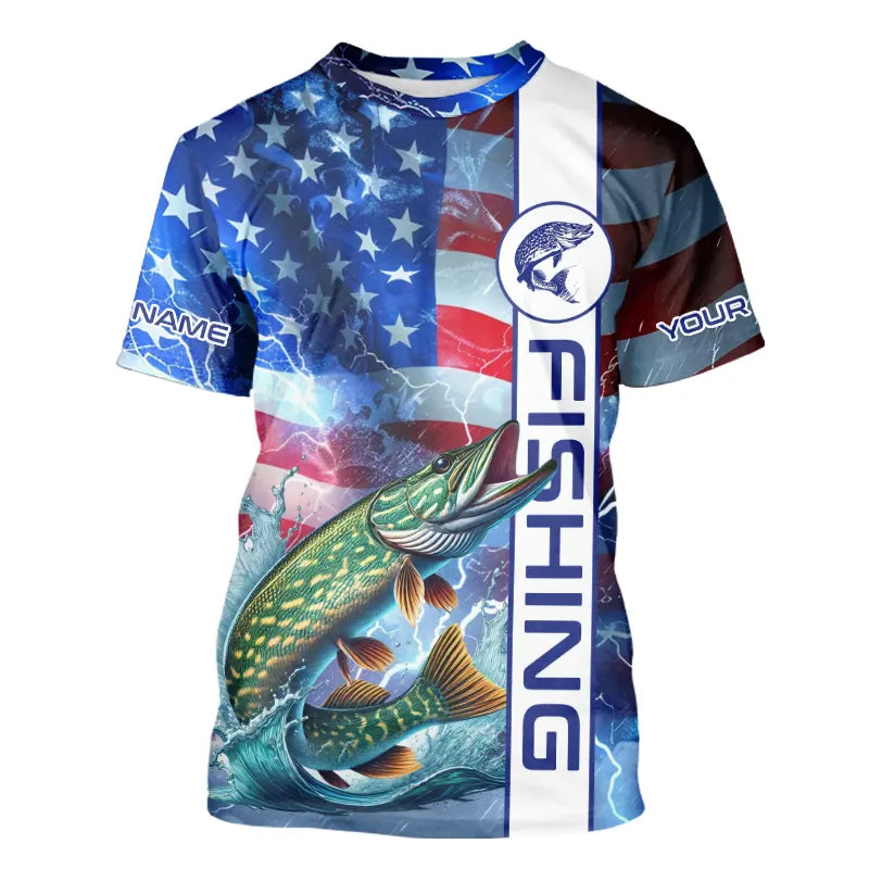 American Flag Northern Pike lightning Long Sleeve Fishing Shirts custom Patriotic Pike fishing jerseys NQS9562