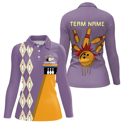 Yellow & Purple Retro Bowling Polo, Quarter Zip shirt for Women Custom vintage team bowling jersey NQS9720