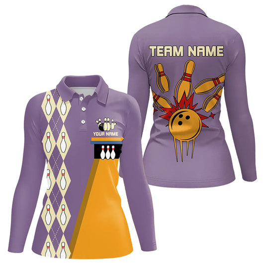 Yellow & Purple Retro Bowling Polo, Quarter Zip shirt for Women Custom vintage team bowling jersey NQS9720
