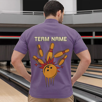 Yellow & Purple Retro Bowling Polo, Quarter Zip shirt for Men Custom vintage team bowling jersey NQS9720