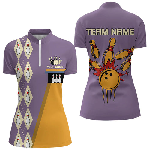 Yellow & Purple Retro Bowling Polo, Quarter Zip shirt for Women Custom vintage team bowling jersey NQS9720