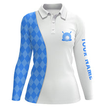 Load image into Gallery viewer, White Womens golf polo shirts custom blue argyle plaid pattern golf tops, ladies golf tops NQS7644