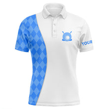 Load image into Gallery viewer, White Mens golf polo shirts custom blue argyle plaid pattern golf tops, best mens golf wear NQS7644