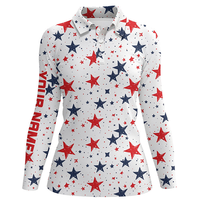 Women golf polo shirts custom Red, white and blue stars pattern patriotic women golf clothes NQS7857