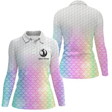 Load image into Gallery viewer, Womens golf polo shirt pastel rainbow mermaid scales custom name pattern golf shirts, ladies golf tops NQS5977
