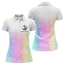 Load image into Gallery viewer, Womens golf polo shirt pastel rainbow mermaid scales custom name pattern golf shirts, ladies golf tops NQS5977