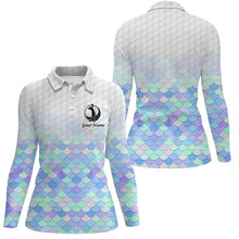 Load image into Gallery viewer, Womens golf polo shirt pastel blue mermaid scales custom name pattern golf shirts, ladies golf tops NQS5978