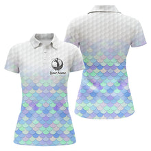 Load image into Gallery viewer, Womens golf polo shirt pastel blue mermaid scales custom name pattern golf shirts, ladies golf tops NQS5978