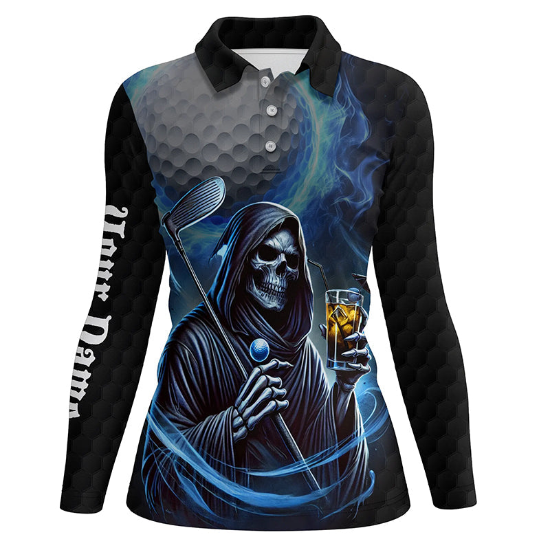 Funny Blue Fire reaper golf skull custom Women golf polo shirts, personalized funny golf gifts NQS8303
